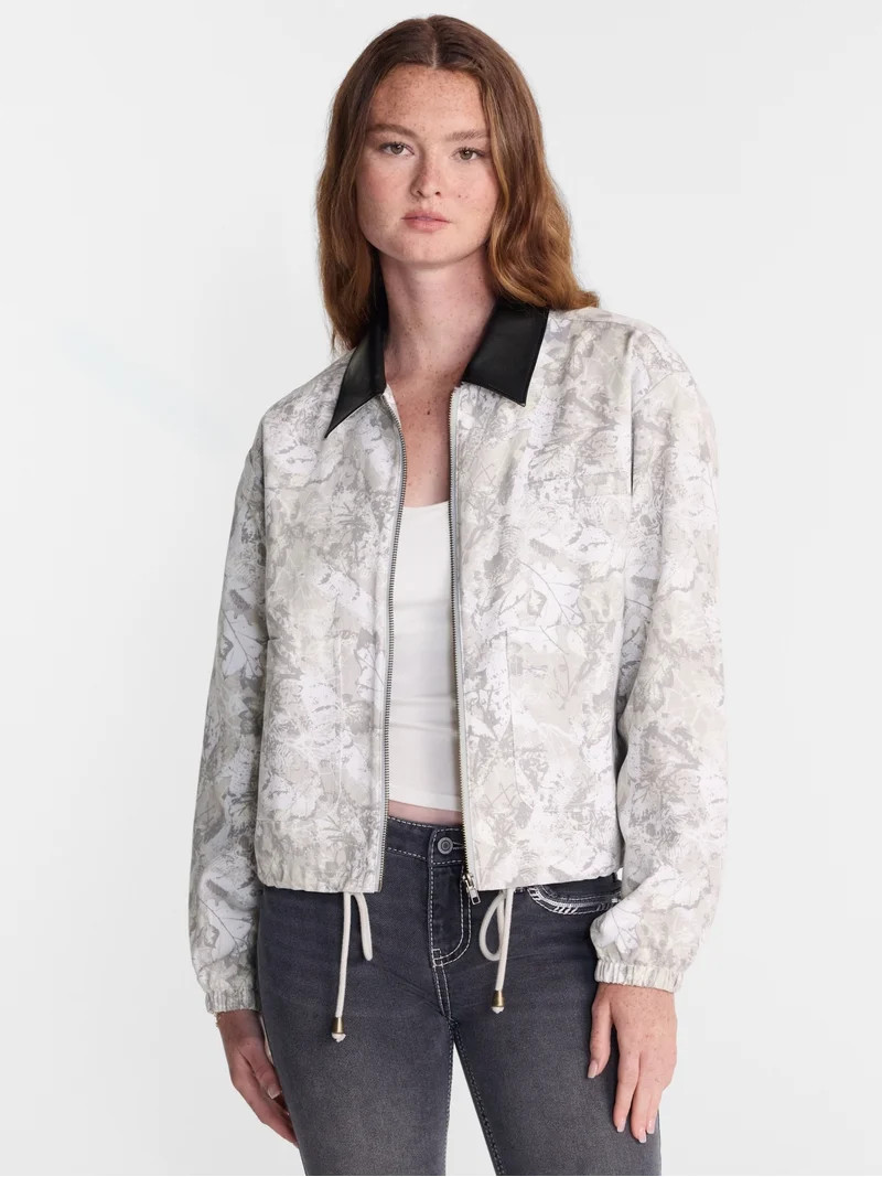 No Boundaries Cotton Twill Barn Jacket with Faux Leather Collar, Women's XXS-4X | Walmart (US)