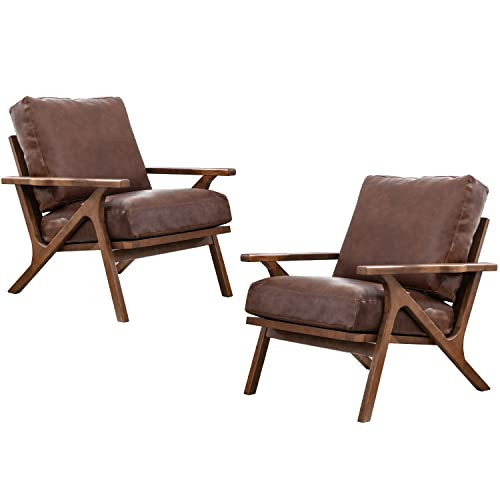 chairus Leather Accent Chairs Mid Century Modern Armchairs Compfy Upholstered Lounge Sofa Chairs for Living Room Fireplace/Bedroom/Reception/Dorm, Set of 2, PU Brown | Amazon (US)
