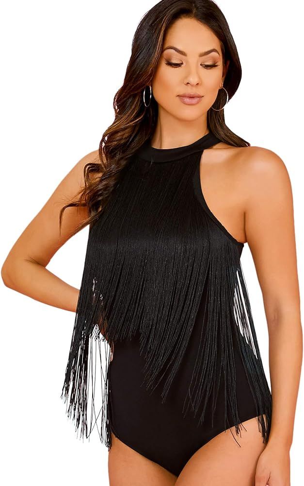 Verdusa Women's Fringe Trim Sleeveless Bodycon Halter Bodysuit Top | Amazon (US)