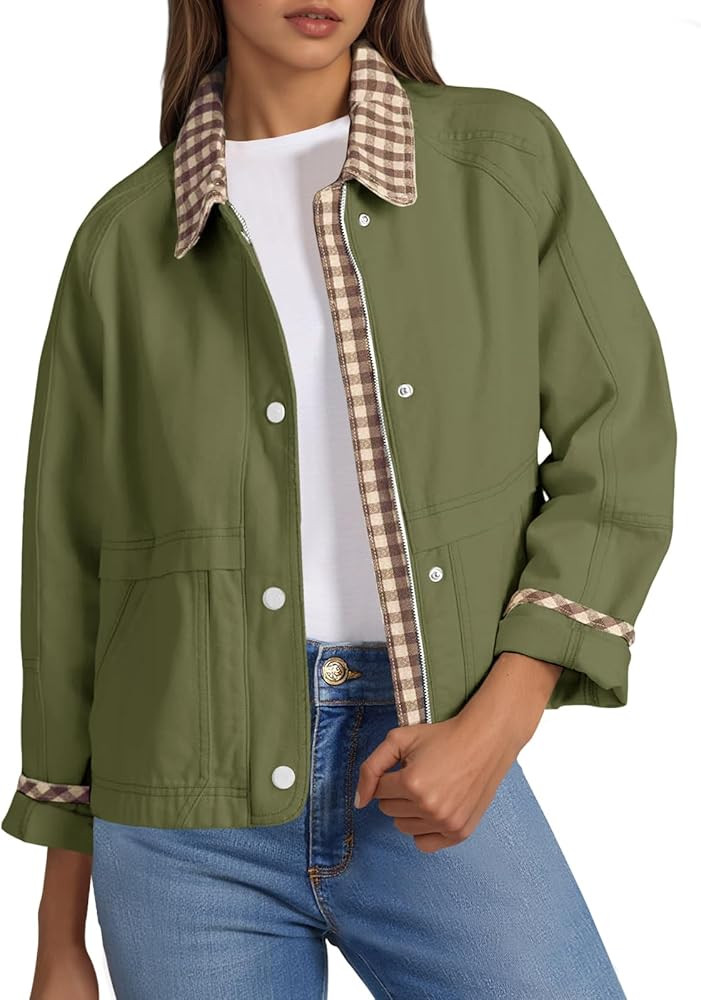 Tankaneo Womens Cropped Jacket Lightweight Casual Zip Up Barn Jackets Fall Contrast Plaid Outerwe... | Amazon (US)