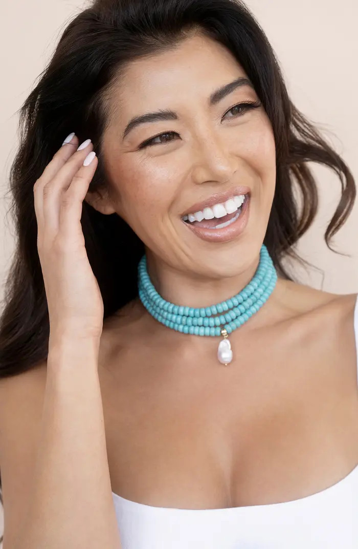 Triple Strand Turquoise & Freshwater Pearl Pendant Necklace | Nordstrom