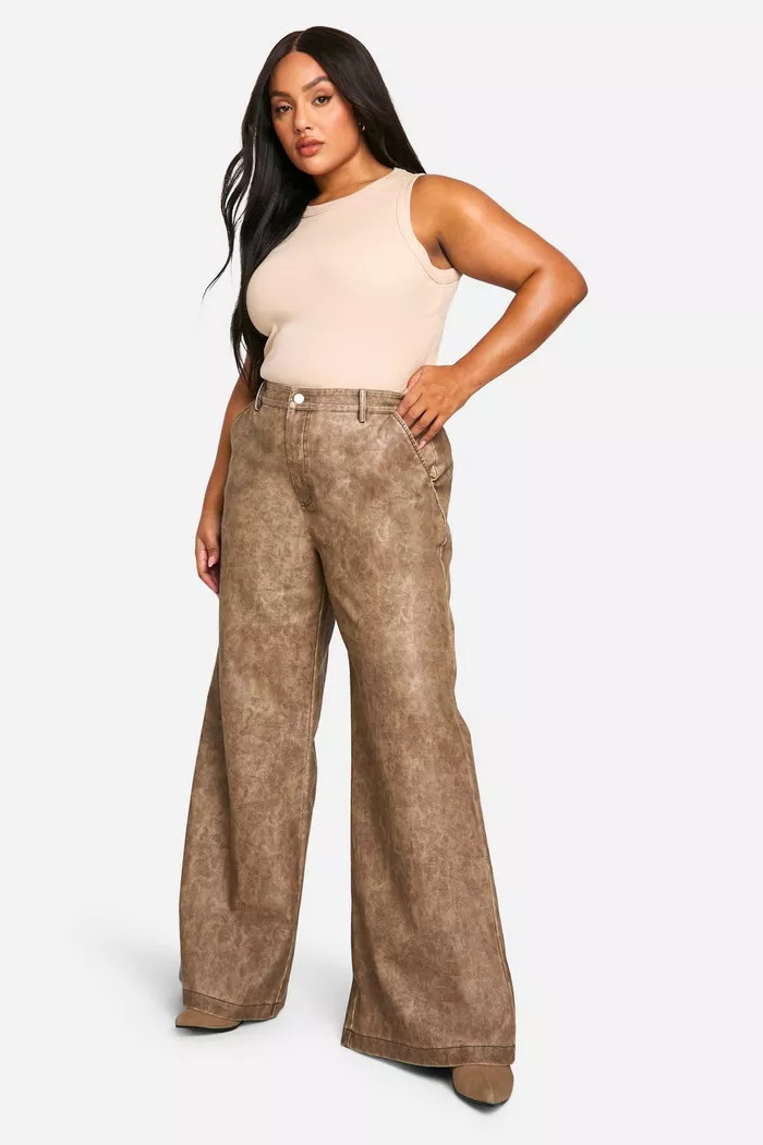 Plus High Waisted Washed Pu Wide Leg Trouser | boohoo (US & Canada)