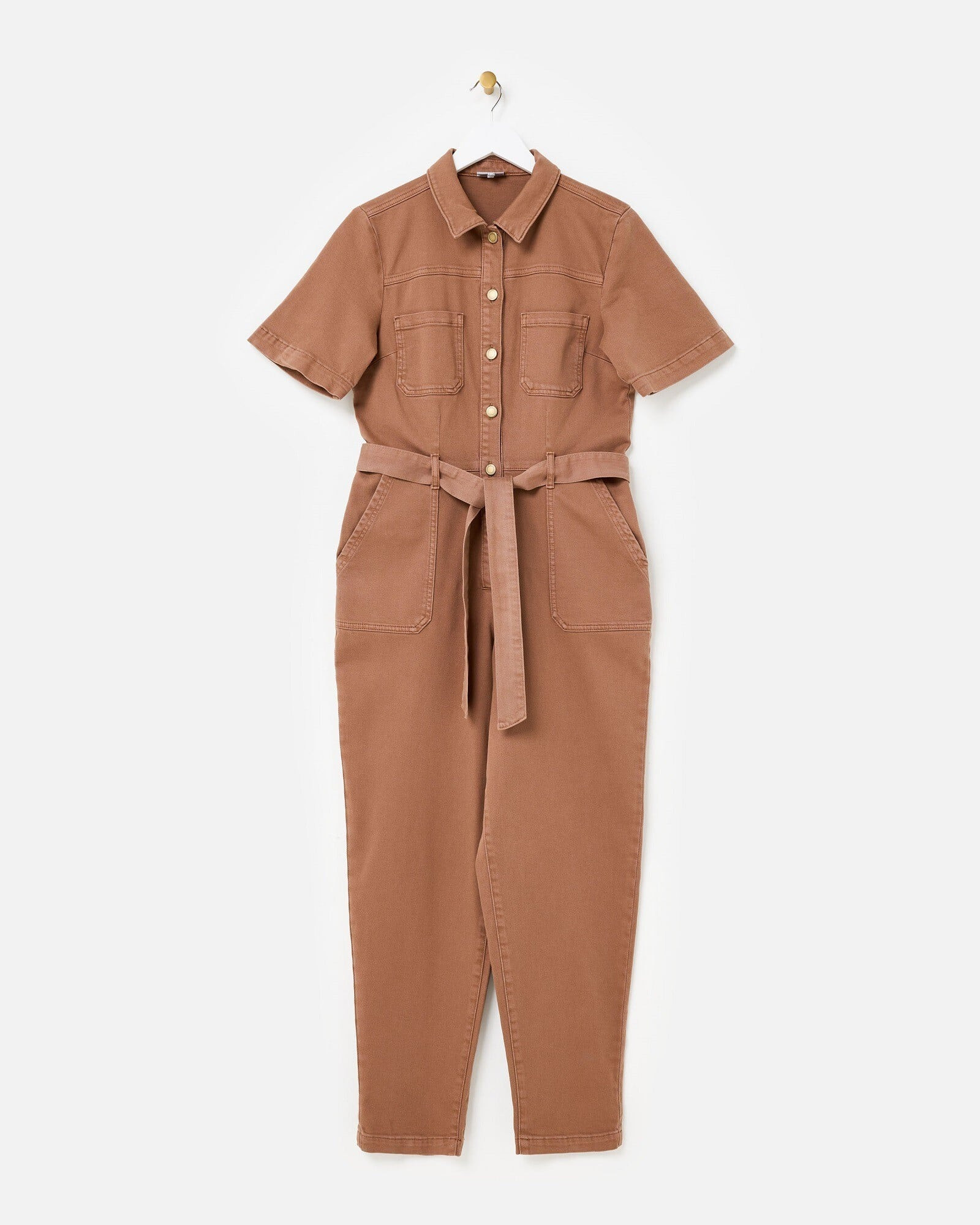 Mocha Brown Denim Button Up Tie Waist Jumpsuit | Oliver Bonas | Oliver Bonas (Global)