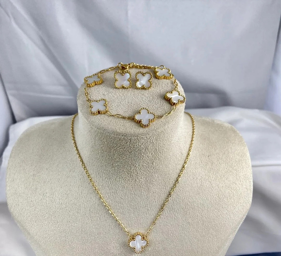Clover Necklace, Clover Bracelet and Clover Earrings Set 18K Gold Plated Jewellery, Luxury Summer... | Etsy (US)