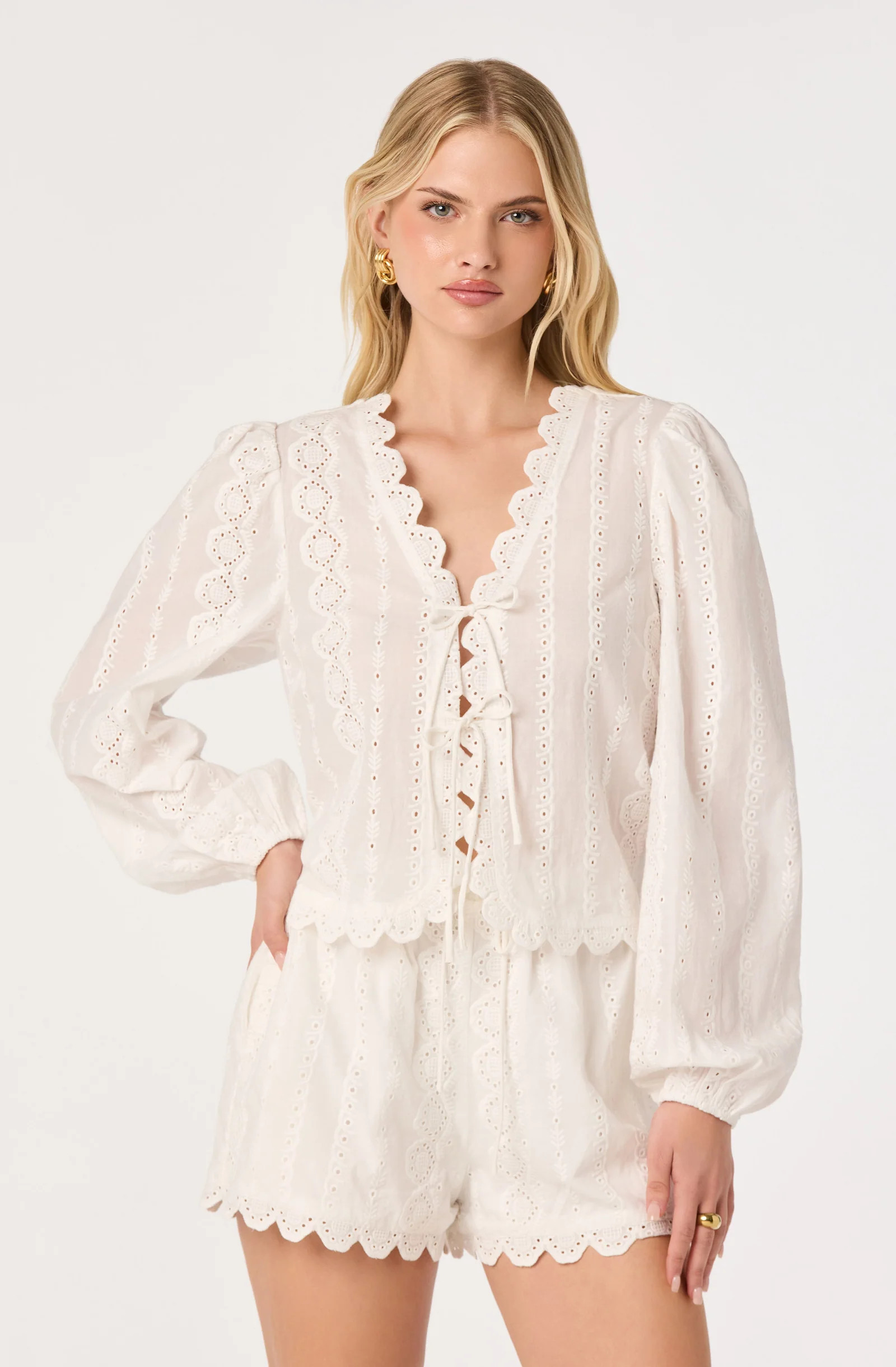 Leah Eyelet Tie-Front Top - White / XS | ASTR The Label (US)