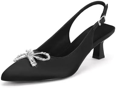 Coutgo Womens Kitten Heels Satin Pumps Slingback Pointed Toe Rhinestone Bow Wedding Dress Shoes | Amazon (US)