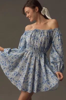 ASTR The Label Long-Sleeve Off-The-Shoulder Linen Mini Dress | Anthropologie (US)