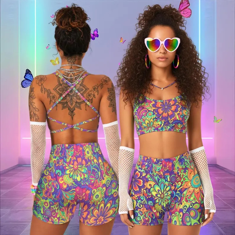 Trippy Rainbow Floral Rave Set: Strappy Backless Sports Bra & High Waisted Booty Shorts, Women's ... | Etsy (US)