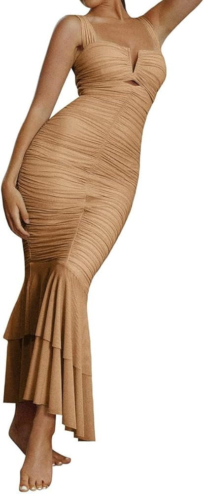 CHARTOU Women's Sleeveless Strappy Prom Party Evening Ruched Bodycon Mermaid Fishtail Maxi Dress | Amazon (US)