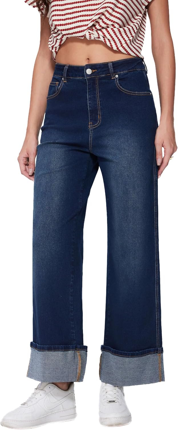 Vinova Womens Wide Leg Baggy Jeans Stretchy Folded Hem Cuffed Boyfriend Denim Pants Trendy Straight Leg Trouser Jeans | Amazon (US)