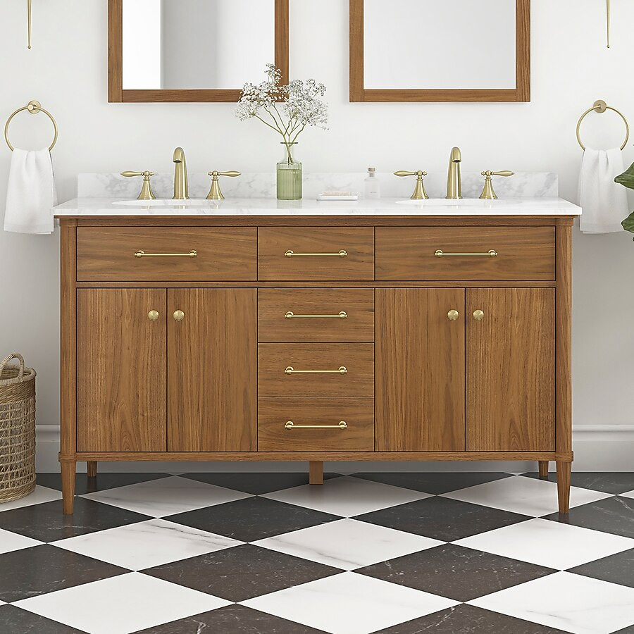 allen + roth Rian 60-in Walnut Undermount Double Sink Bathroom Vanity with White Engineered Stone... | Lowe's