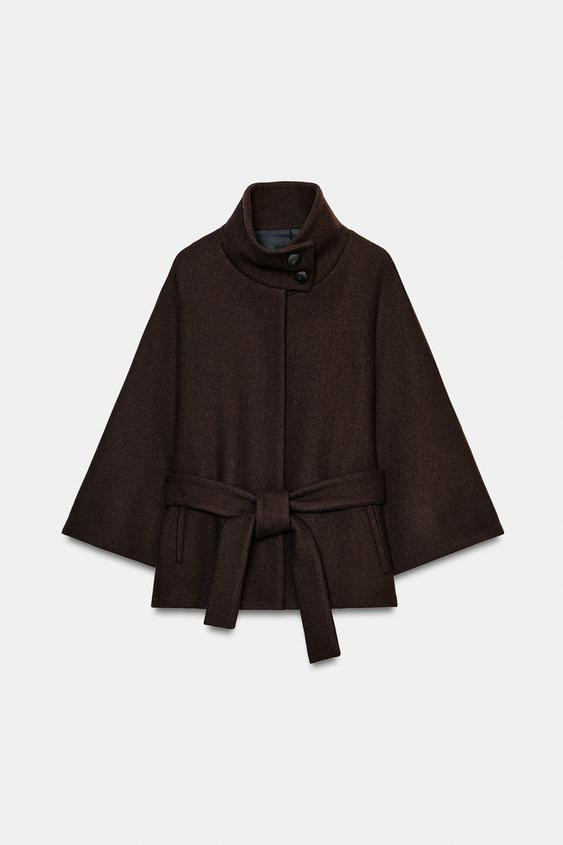 CROPPED WOOL CAPE COAT WITH BELT | Zara UK