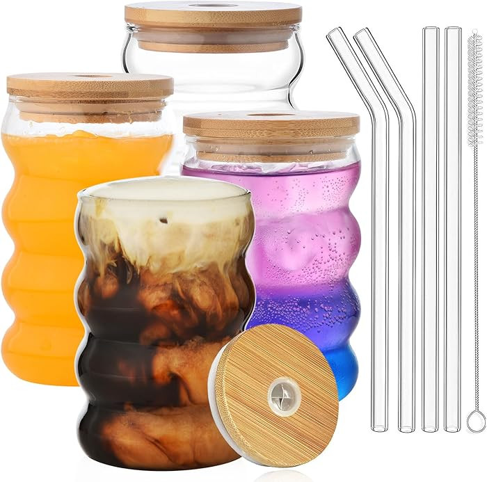 ALINK 16 oz Drinking Glasses with Lids and Straws Set of 4, 16 oz Wave Shape Bubble Glass Cups, I... | Amazon (US)