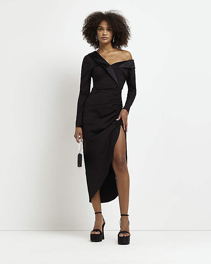 Black ruched long sleeve midi shirt dress | River Island (UK & IE)