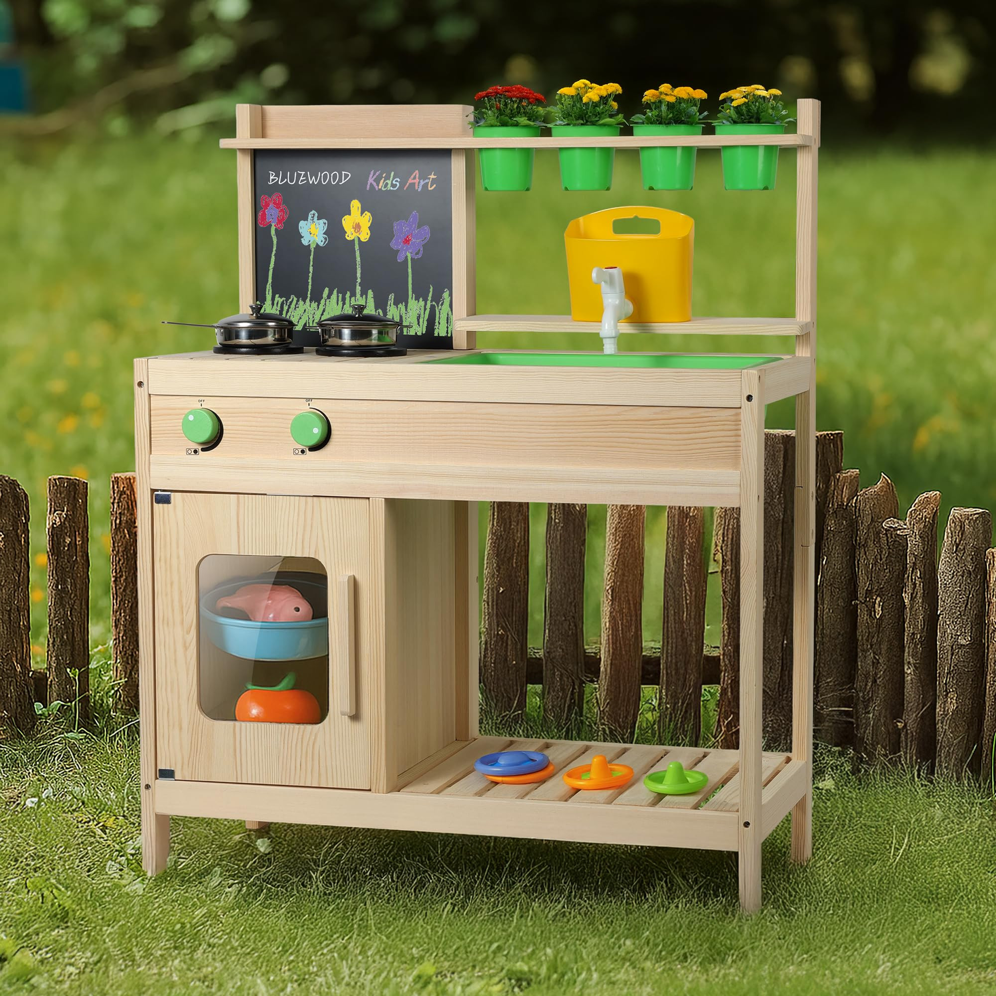 BlueWood Cocina de barro para niños, cocina de madera para jugar al aire libre con fregadero de ... | Amazon (US)