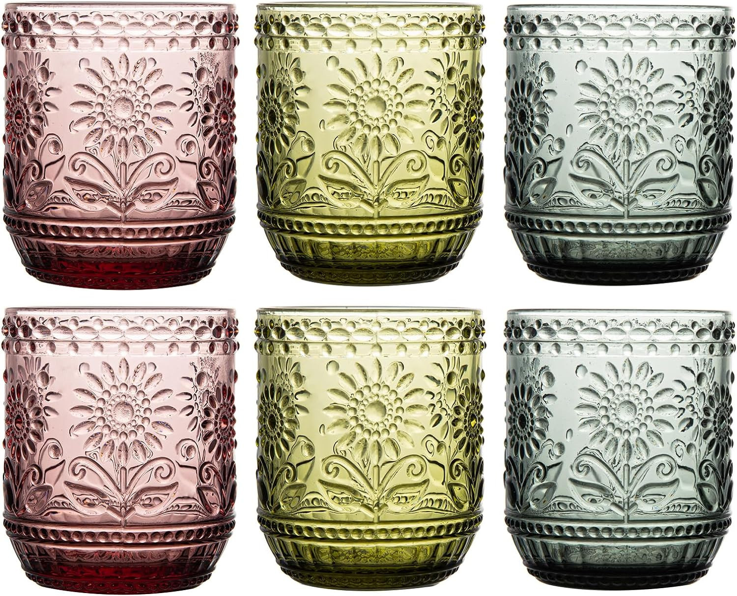 SoulTimes Set of 6 Elegant Vintage Green Glassware Set - 12 oz Embossed Floral Drinkware, Romanti... | Amazon (US)