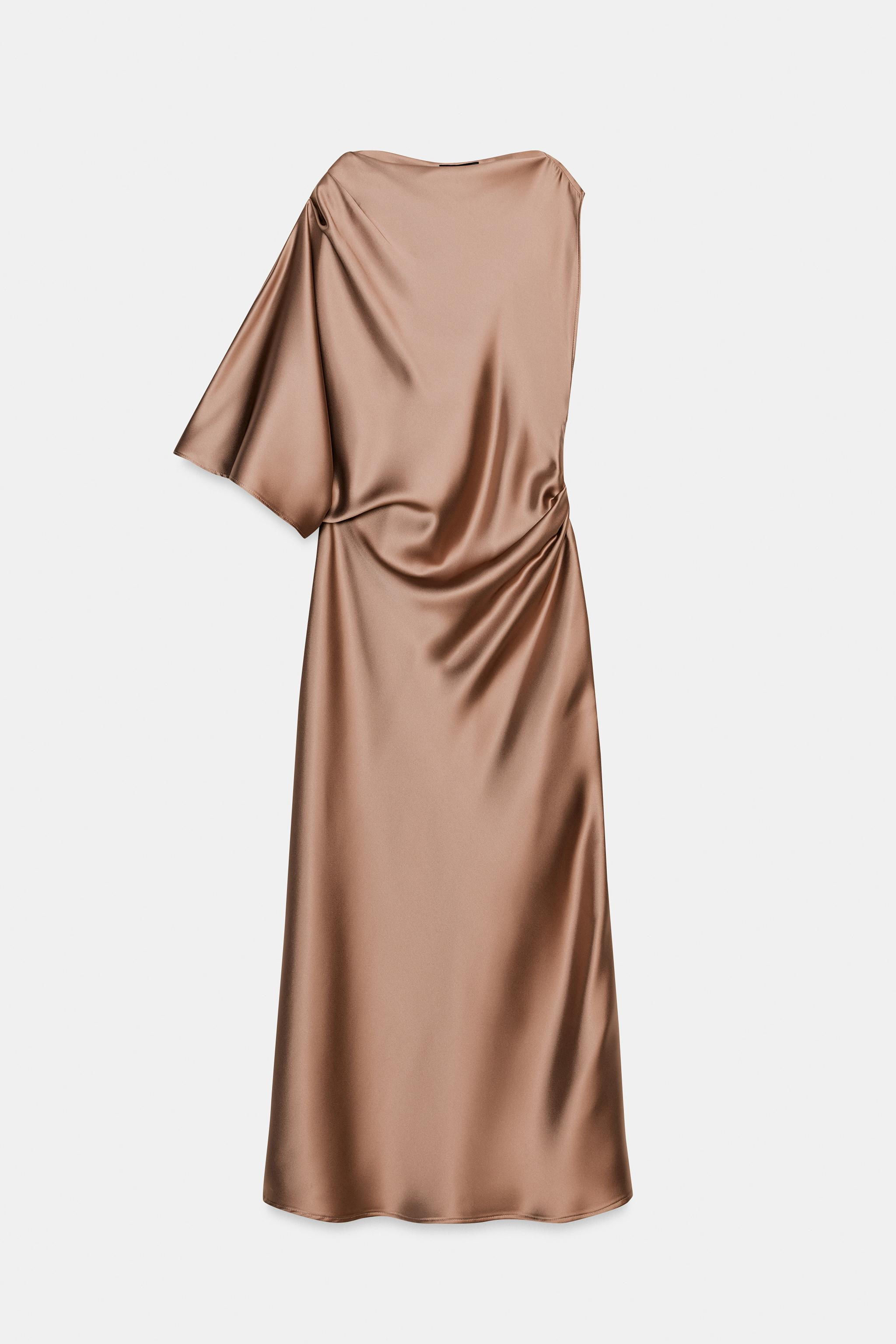 ASYMMETRIC SLEEVE SATIN EFFECT MIDI DRESS | Zara US
