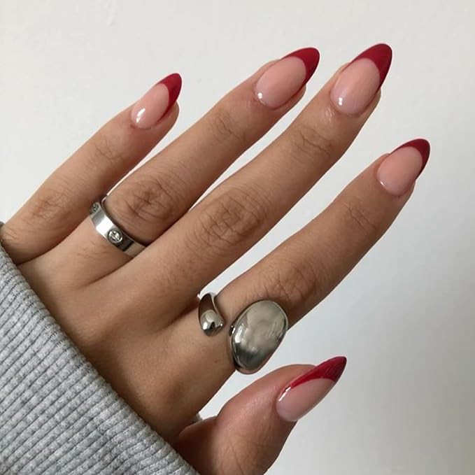 Modelones Press on Nails Almond, Short Red French Tip Fake Nails Chrome, Christmas Nail Kit with ... | Amazon (US)