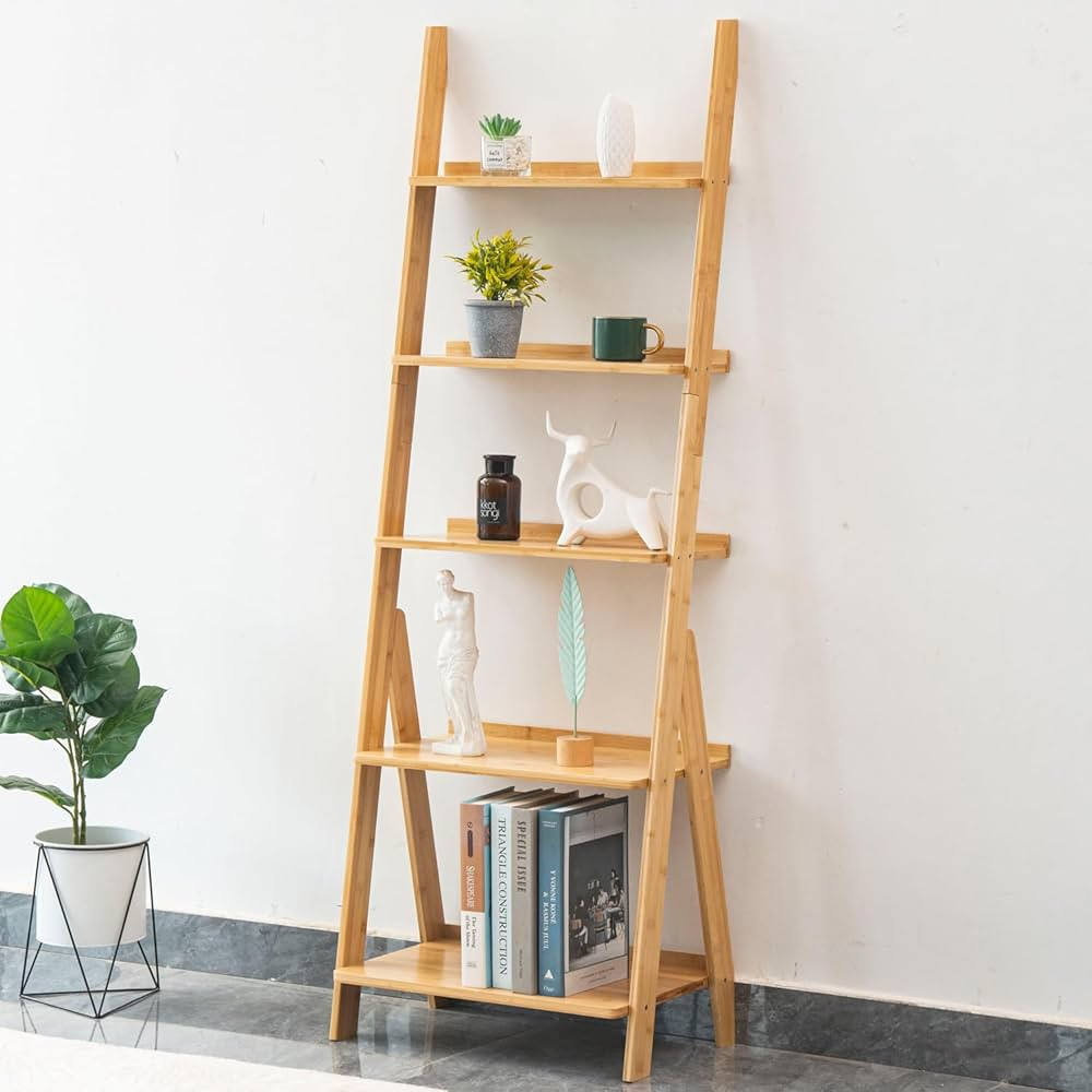 Maydear Bamboo Ladder Shelf Bookcase, 5-Tier Leaning Bookshelf Free Standing Organizer Storage Shelves for Living Room, Bedroom, Kitchen, Home Office, Balcony, Natural Wood | Amazon (US)