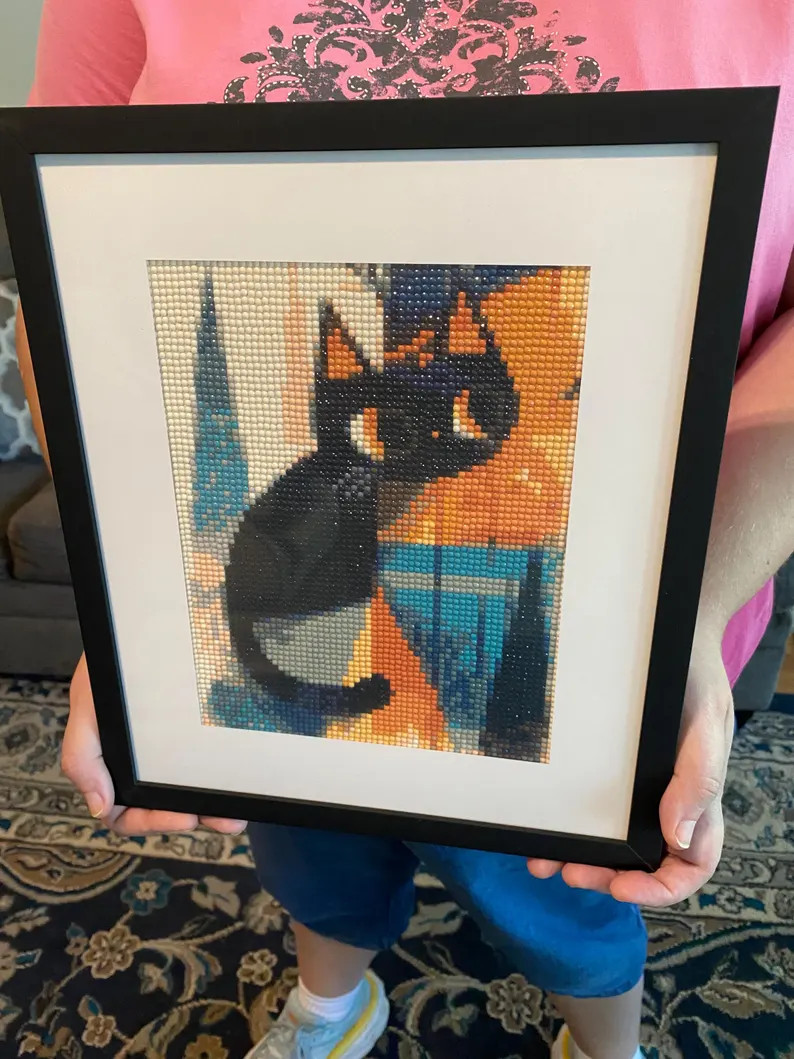 Framed Diamond Painting Cat Art - Handmade Beaded Wall Decor - Black Cat on Geometric Mountain - ... | Etsy (US)