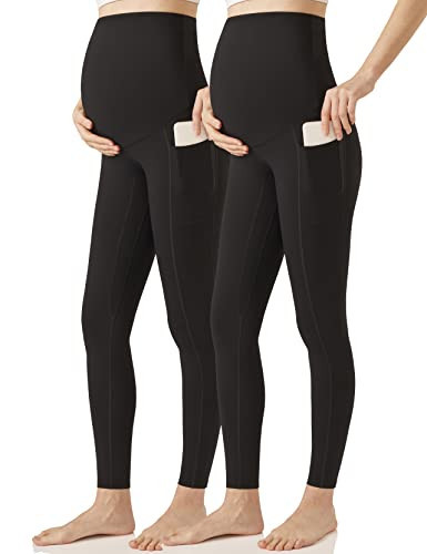 POSHDIVAH 2Pcs Women's Maternity Leggings Over The Belly Pregnancy Athletic Work Yoga Tights Pants with Pockets Pregnancy Gift Black Small | Amazon (US)