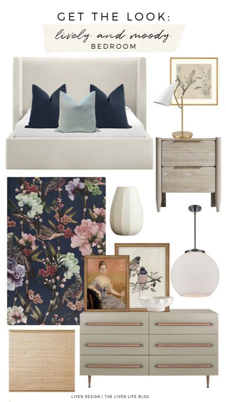 Bedroom decor. Moody floral wallpaper. Upholstered bed. Modern bedroom. Ceramic case. White and brass lamp. Botanical art. Blue pillow. Throw pillows. Natural woven blinds shade. Bird art. 

#LTKSeasonal #LTKHome #LTKStyleTip
