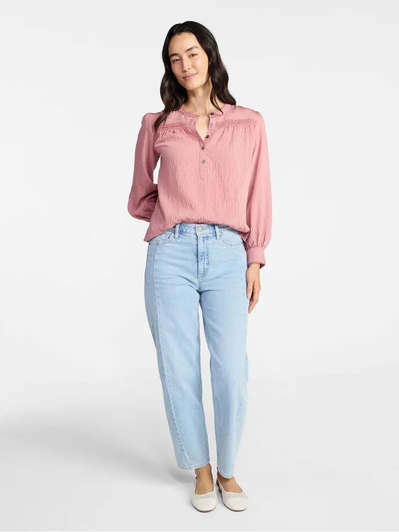 Time and Tru Women's Lace Yoke Half Button Shirt with Long Sleeves Sizes XS-XXXL | Walmart (US)