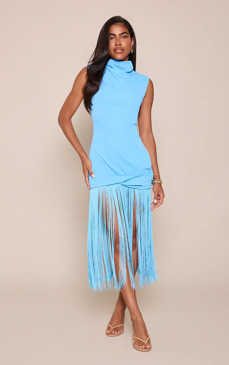Blue Woven Fringe Detail Sleeveless Maxi Dress | PrettyLittleThing UK