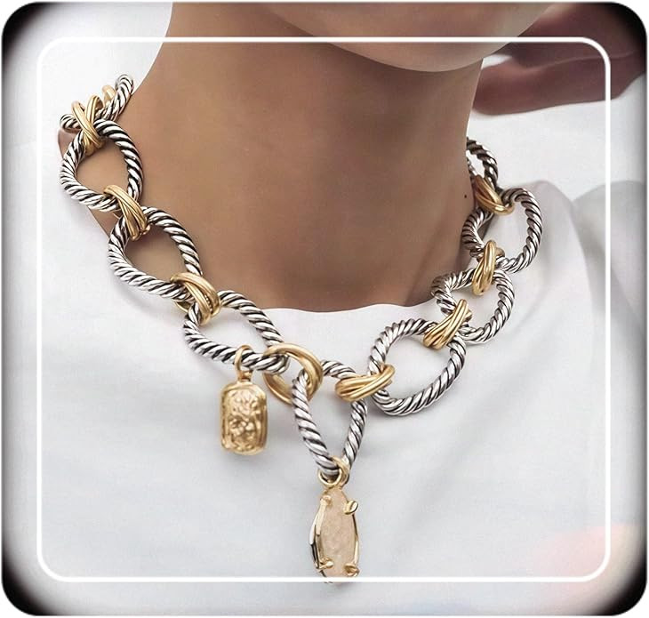 Doubnine Two-Tone Chain Link Necklace, Silver Rope and Gold Accents, Pendant Charm Choker | Amazon (US)