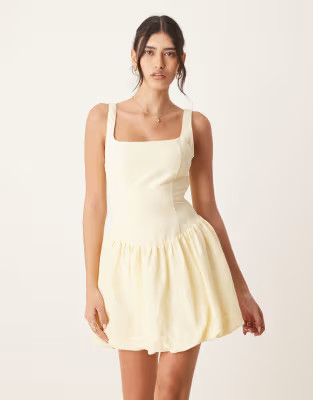 Forever New square neck bubble hem mini dress in lemon | ASOS (Global)