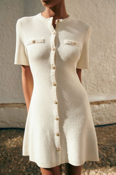 Rib-knit button-front dress - Cream - Ladies | H&M GB | H&M (UK, MY, IN, SG, PH, TW, HK)