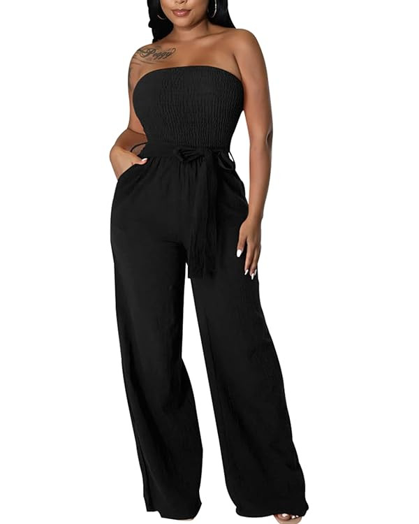 LightlyKiss Women's Casual Sleeveless Tight Jumpsuit Elegant And Fashionable Pleated Long Pants R... | Amazon (US)