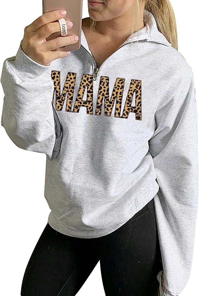 Mama Zipper Sweatshirt Women Leopard Print Embroidery Mom Life Pullover Top Casual Long Sleeve Bl... | Amazon (US)