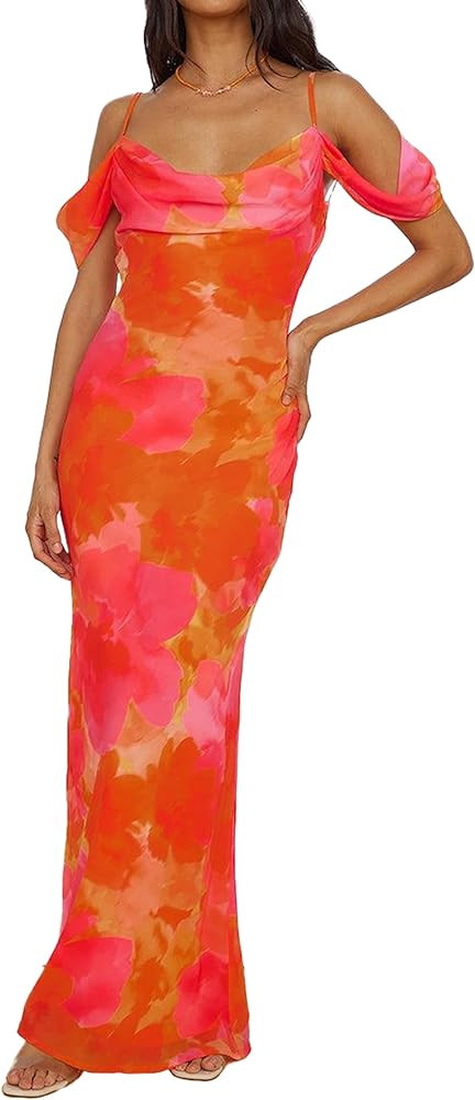 MASCOMODA Spaghetti Strap Long Maxi Dresses for Women 2024 Summer Floral Sexy Bodycon Backless Fo... | Amazon (US)