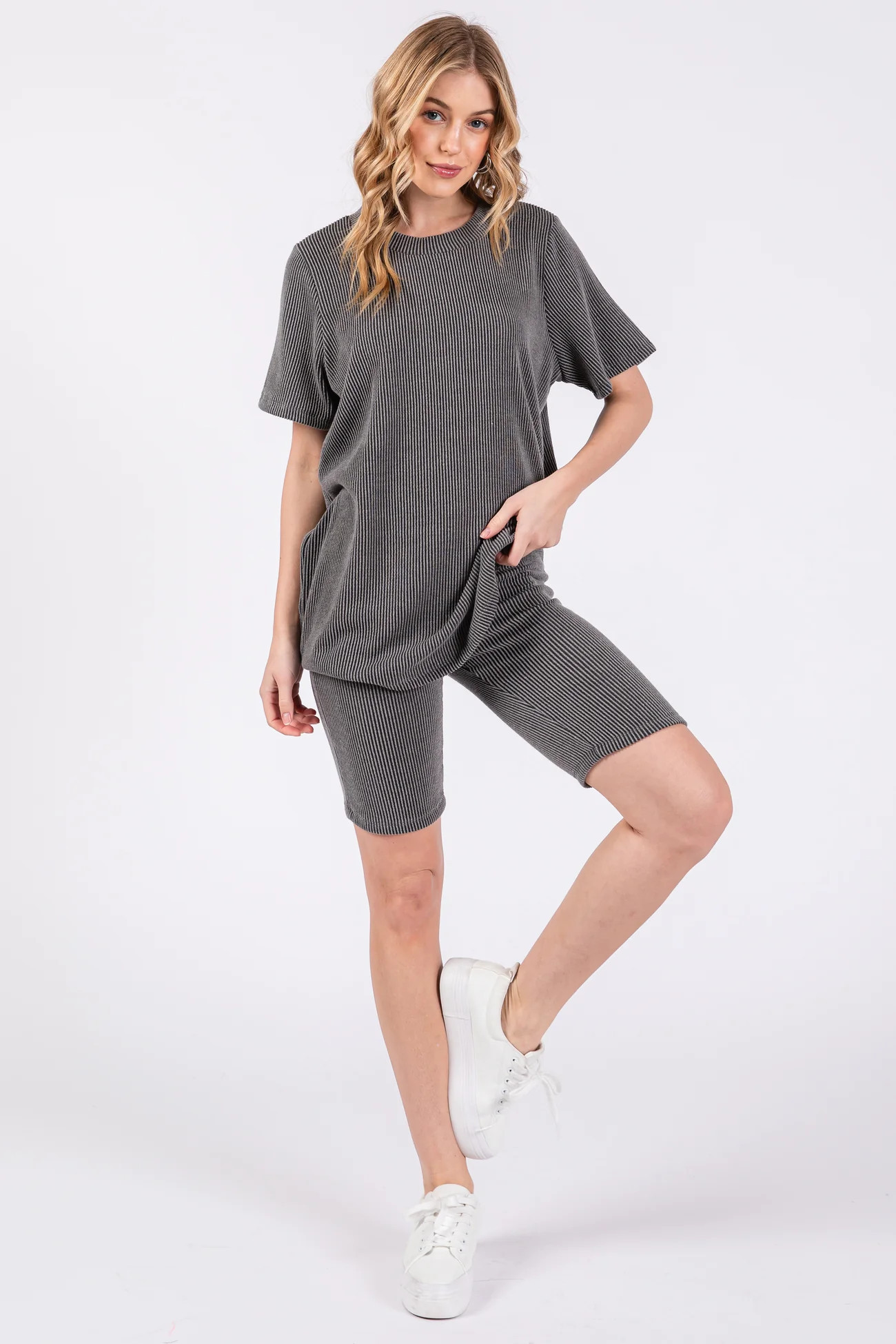 Charcoal Ribbed Biker Shorts Set | PinkBlush Maternity