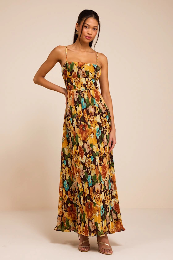 Holloway Brown Multi Floral Pleated Maxi Dress | Lulus