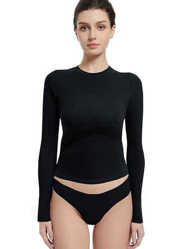 Abonlen Long Sleeve Shirts for Women Crewneck Basic Tees T Shirts Fitted Crop Tops Y2k Going Out Tops (Black,Small) | Amazon (US)