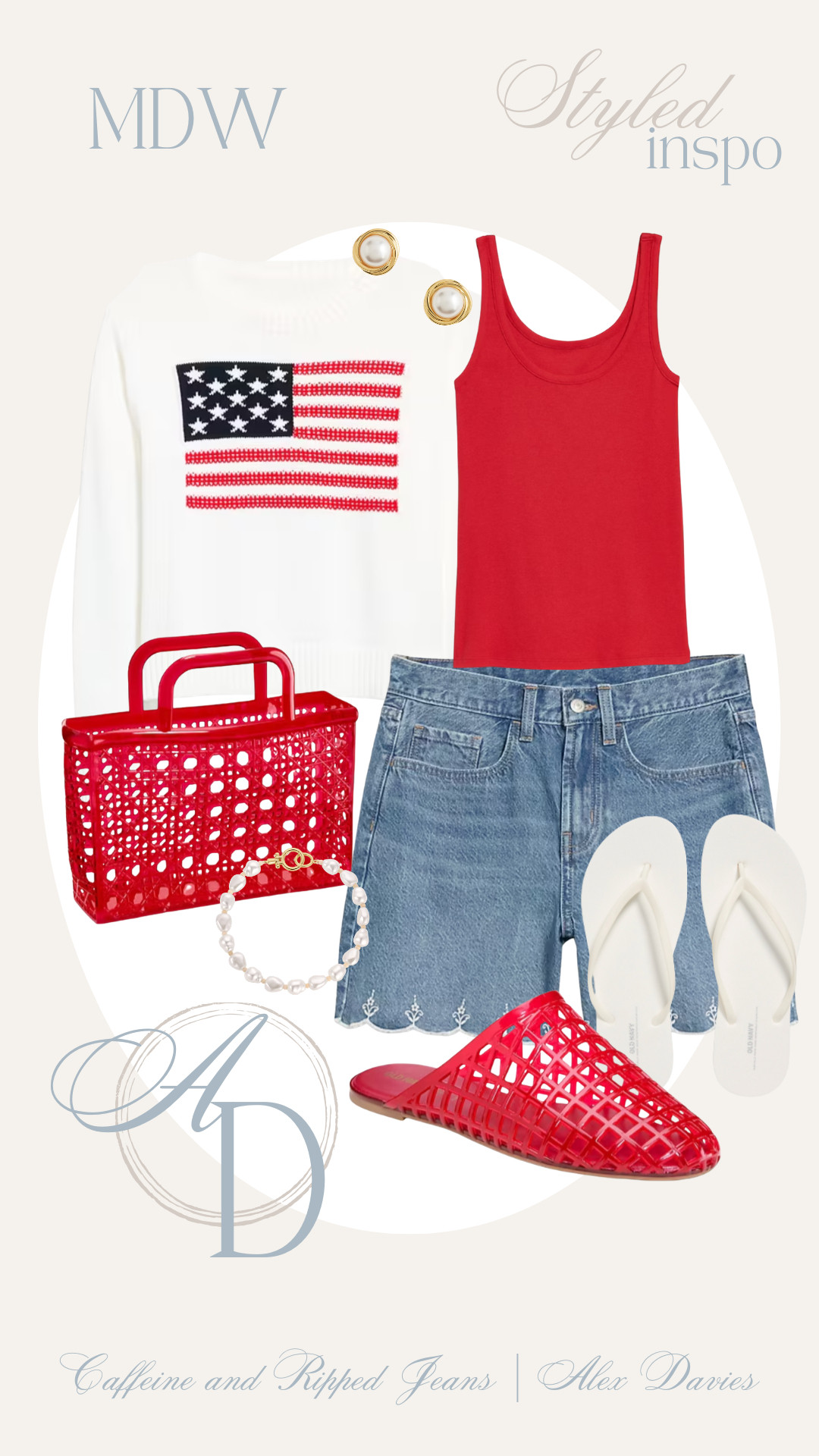 // memorial day weekend outfit inspo // memorial day weekend // flag sweater // denim shorts // eyelet denim shorts // jelly mules // jelly flats // jelly bag // pearl bracelet // white flip flops // pearl earrings // old navy tank // 

 #LTKootd #LTKSeasonal #LTKSaleAlert