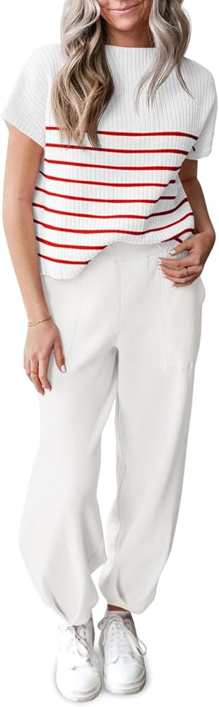 Tankaneo Women's 2 Piece Outfits Knit Pullover Striped Short Sleeve Sweater Tops and Pants Lounge... | Amazon (US)