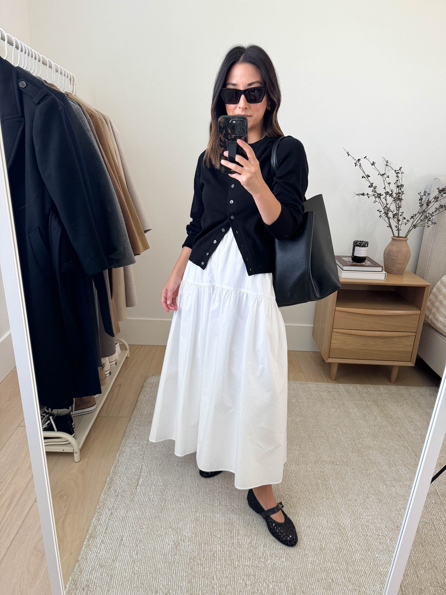 fall workwear style.

Madewell cardigan small
Almina Concept skirt small
Madewell woven flats 5
Mansur Gavriel tote
YSL Sunglasses