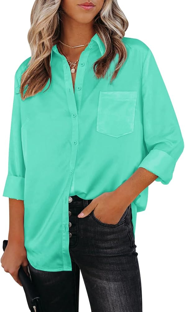 Aoudery Womens Button Down Shirts Dress Shirts Long Sleeve Wrinkle Free Collar Blouses V Neck Wor... | Amazon (US)