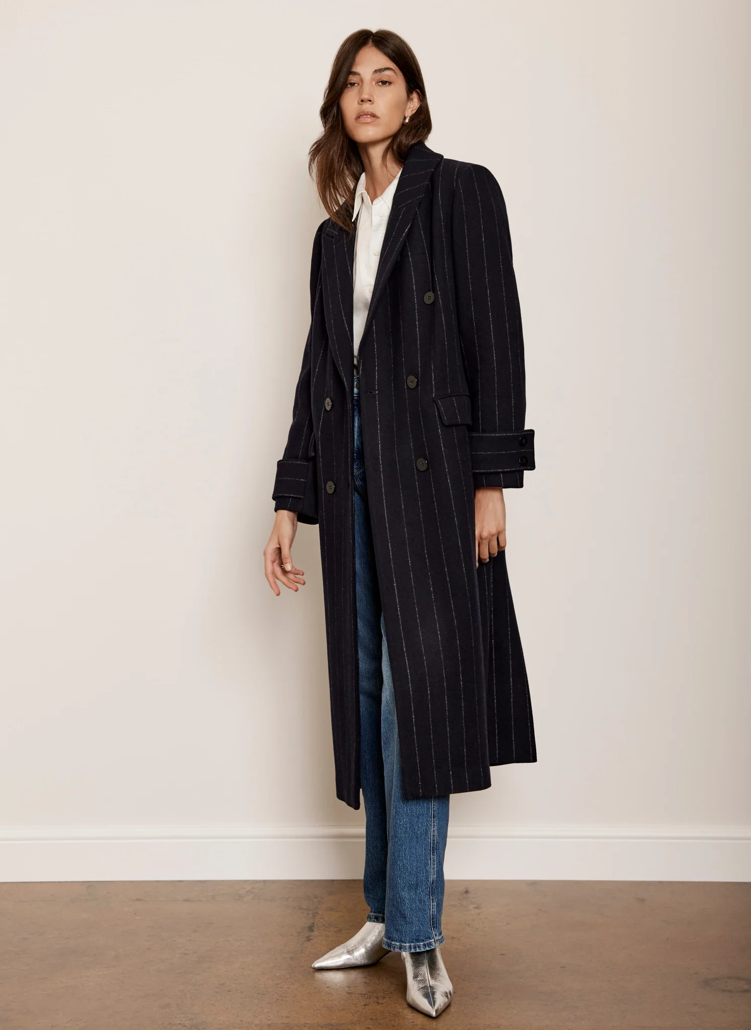 Navy Pinstripe Wool Blend Long Coat | Mint Velvet