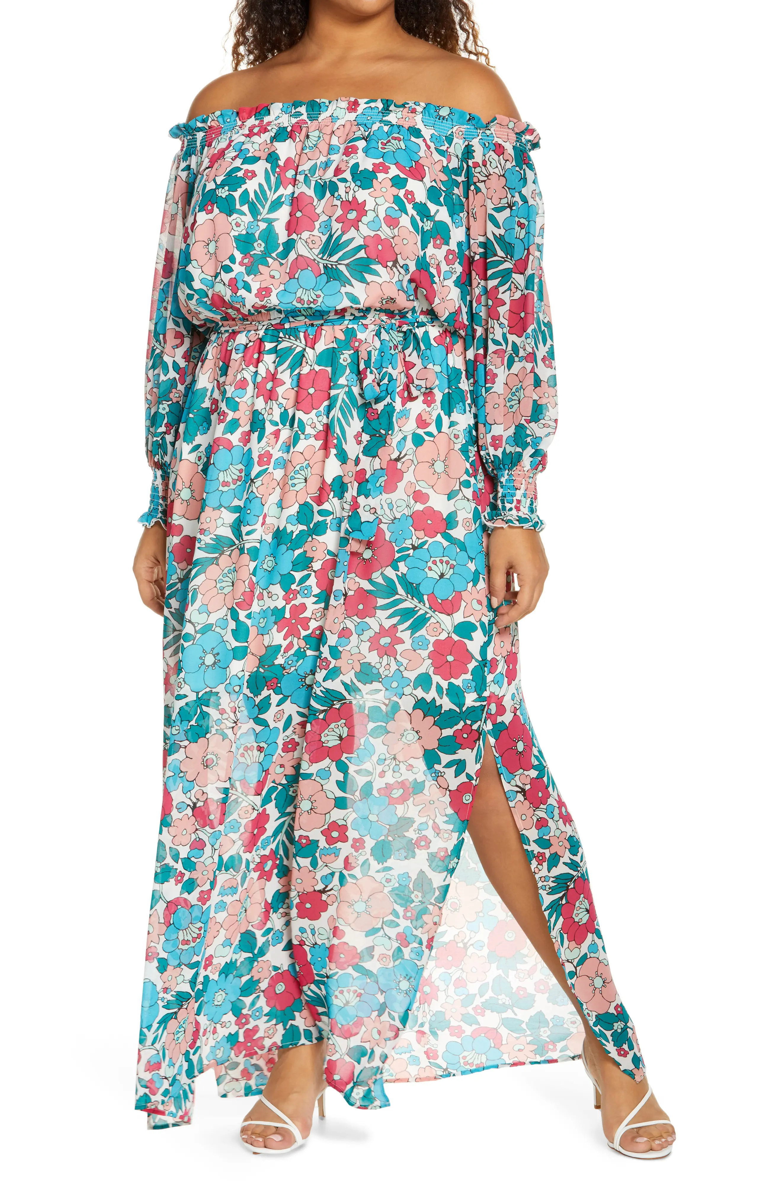 Plus Size Women's Charles Henry Floral Off The Shoulder Long Sleeve Dress, Size 2X - Pink | Nordstrom