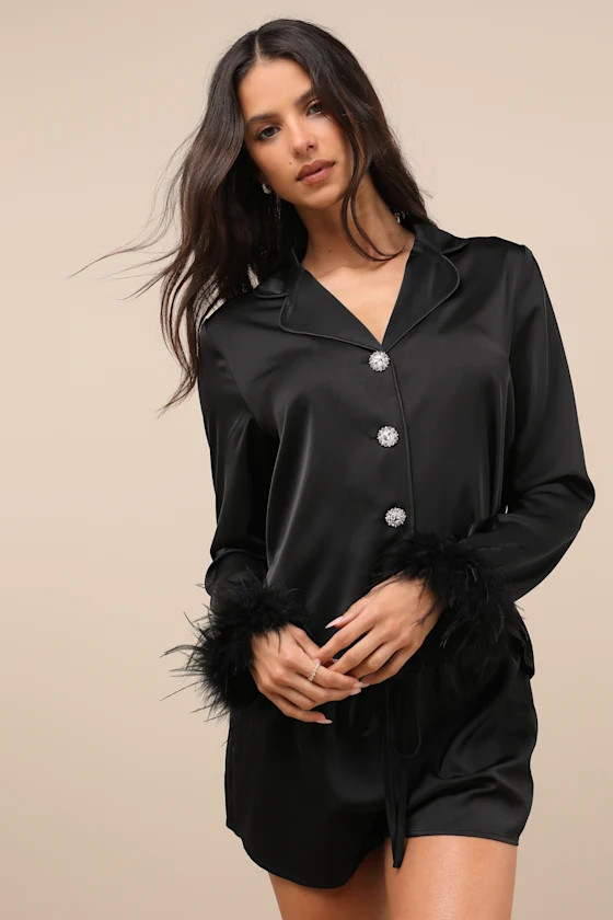 Lindon Black Satin Feather Two-Piece Pajama Set | Lulus
