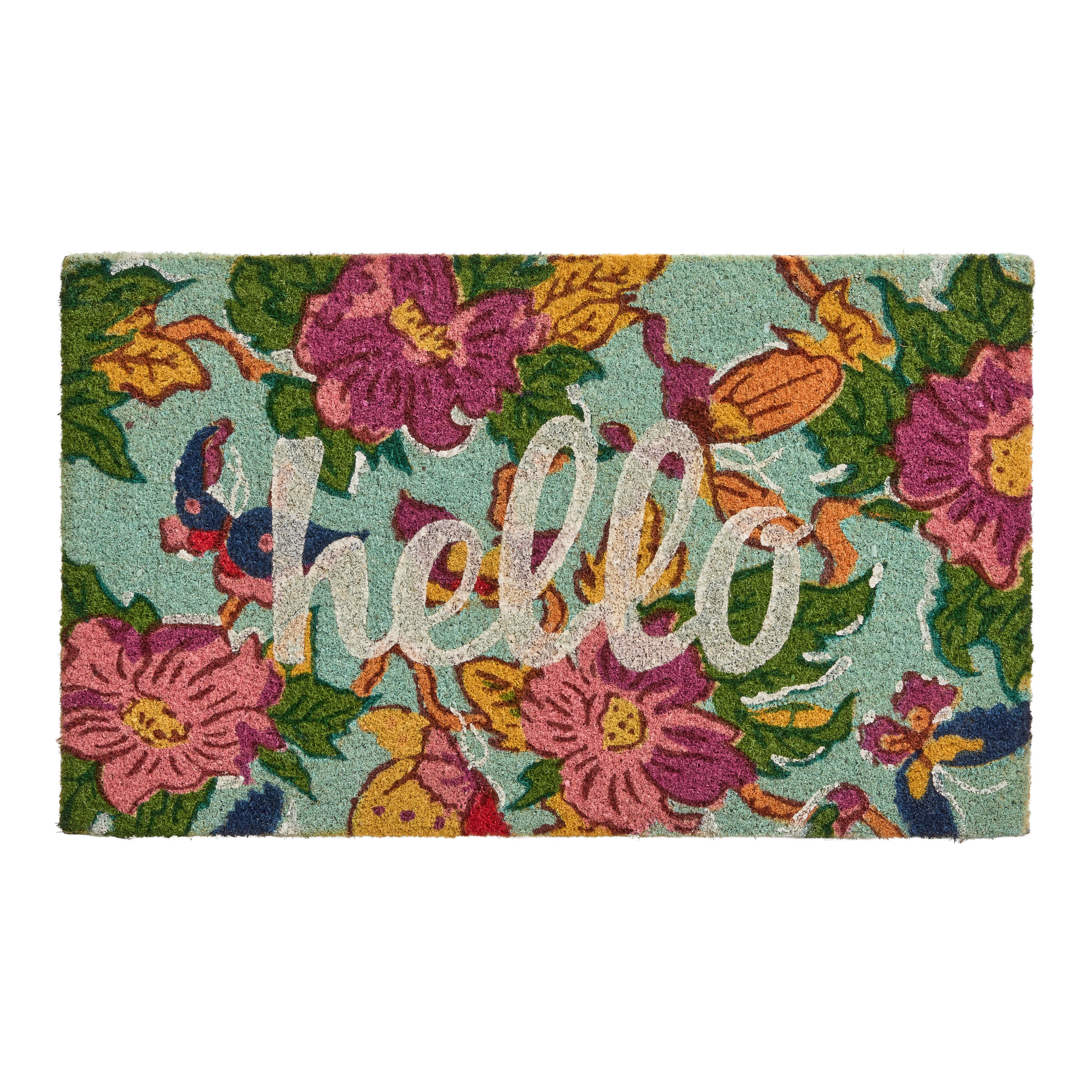 Teal Multicolor Hello Butterfly and Floral Coir Doormat | World Market