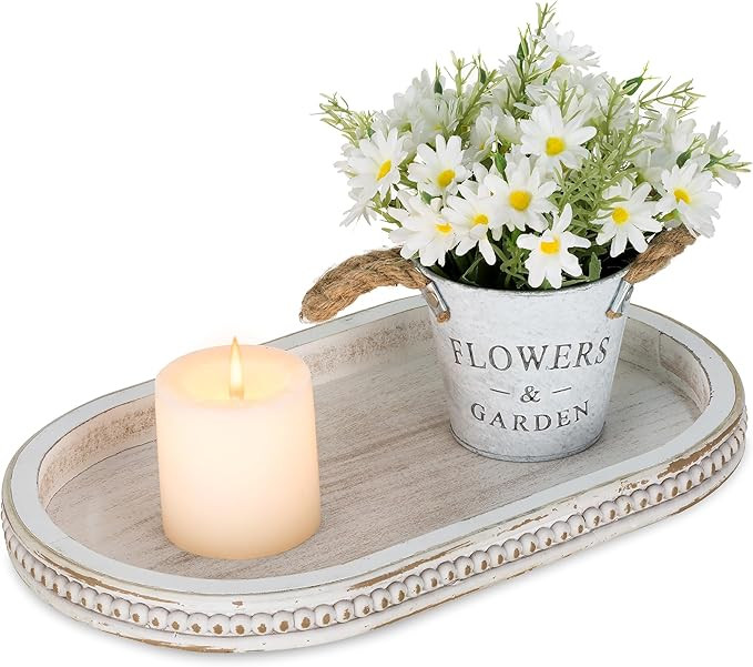 Hanobe Decorative Serving Tray Wood: White Washed Bead Oval Tray for Coffee Table Rustic Wooden T... | Amazon (US)