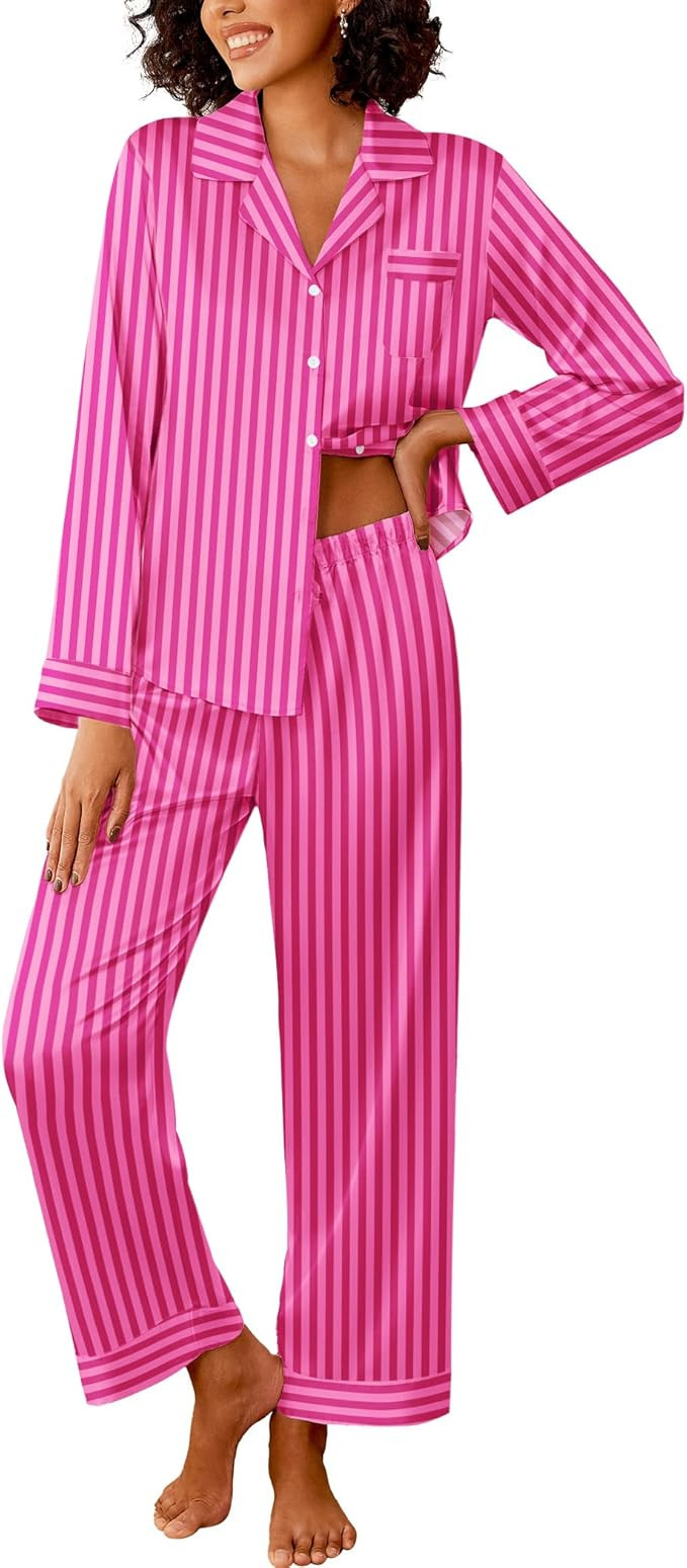 Ekouaer Womens Silk Satin Pajama Sets 2 Piece Sleepwear Pjs Set Long Sleeve Button Down Top and P... | Amazon (US)