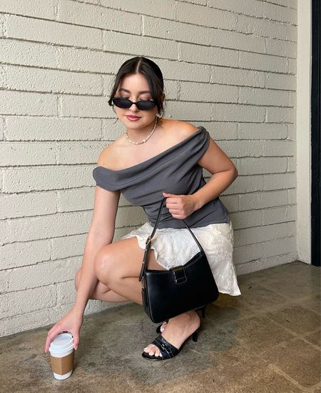 Summer outfit I recently wore! Love anything off the shoulder and can’t go wrong with a mini skirt for summer. Kitten heels are vintage so can’t link those but linking similar!