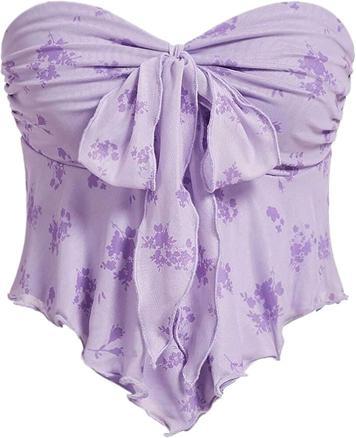 Floral Tie Front Tube Top for Women Girls Strapless Cute Flower Print Sexy Sweet y2k Tube Tops | Amazon (US)