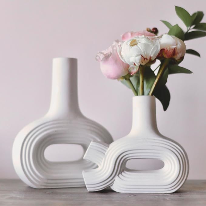 Carrot's Den Set of 2 White Ceramic Hollow, Ribbed Vases - Modern Home Minimalist Nordic Decor | ... | Amazon (US)